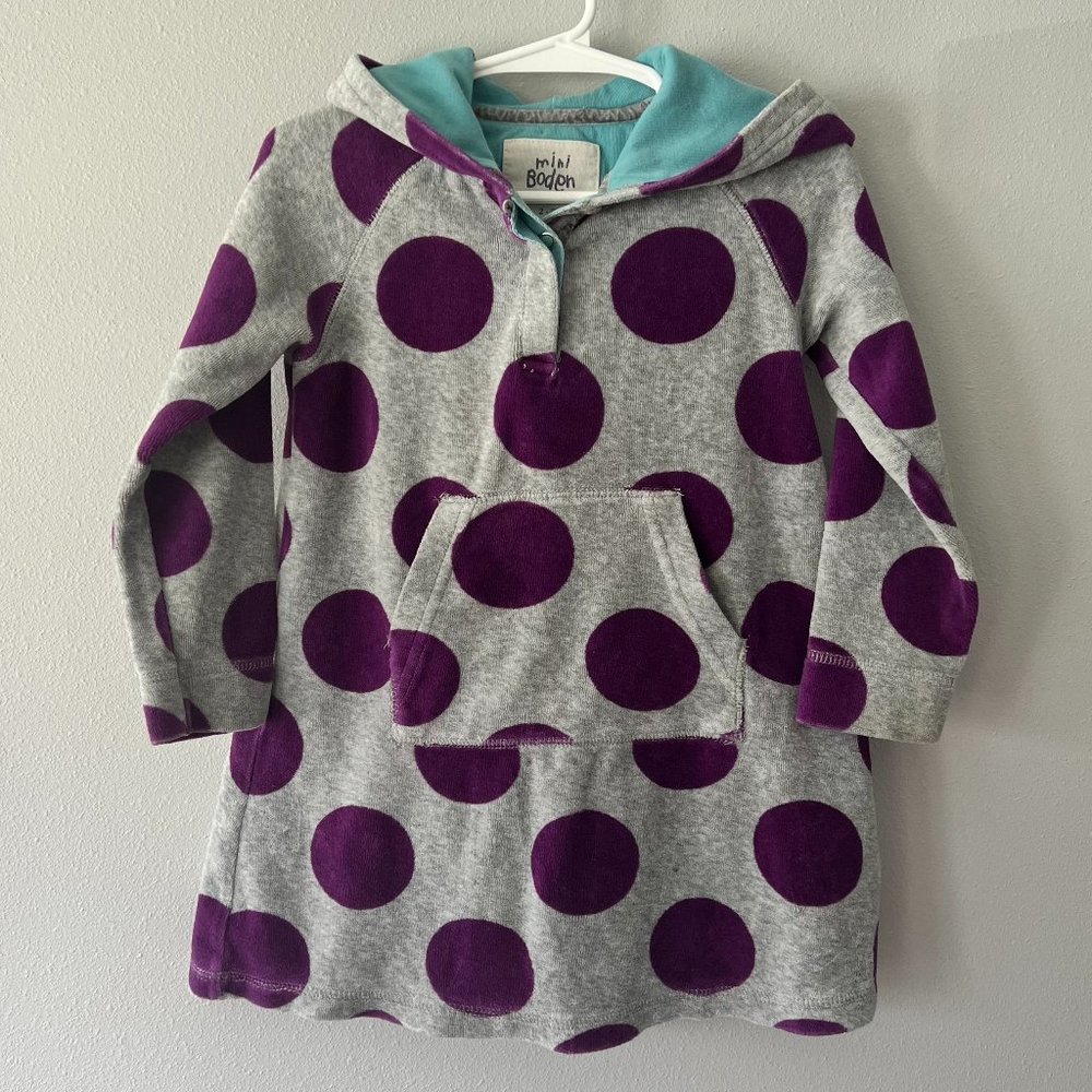 Mini Boden Gray with Purple Polka Dots Hooded Pullover Size 2-3y